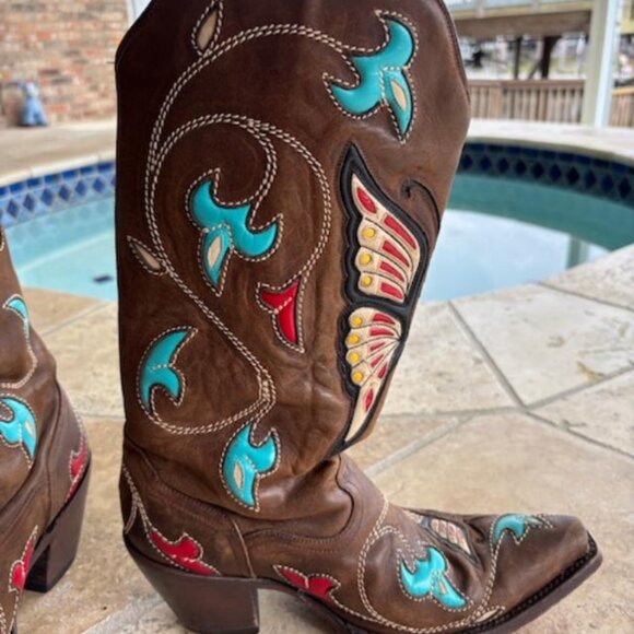 Corral vintage rare brown cowboy boots with butterfly and floral inlay 8M - Picture 11 of 12